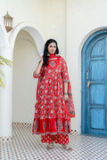 Red Anarkali kurta with floral print and embroidery, paired with palazzo and dupatta