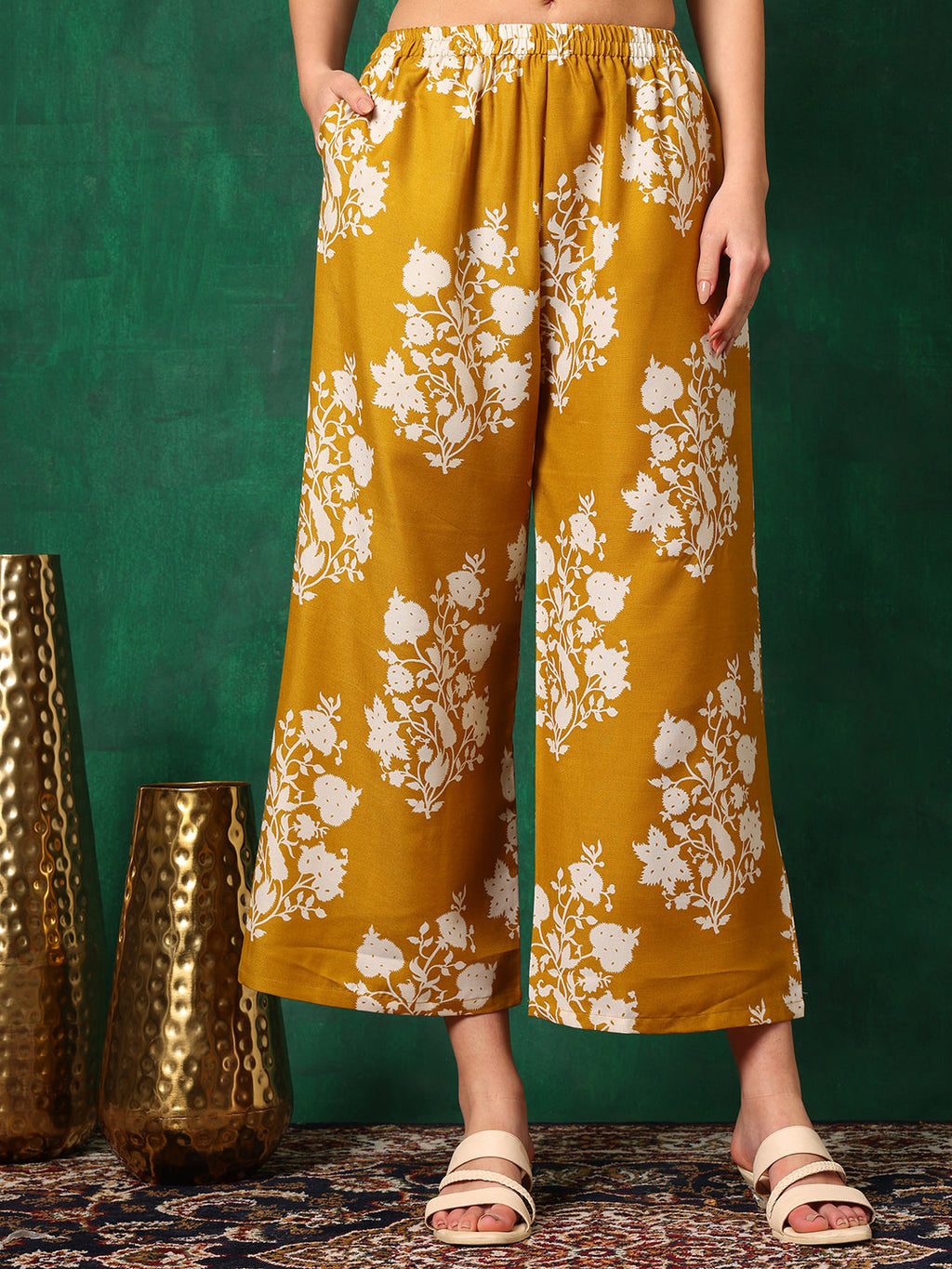 Mustard Embroidered & Printed Flared Kurta Set with Palazzo