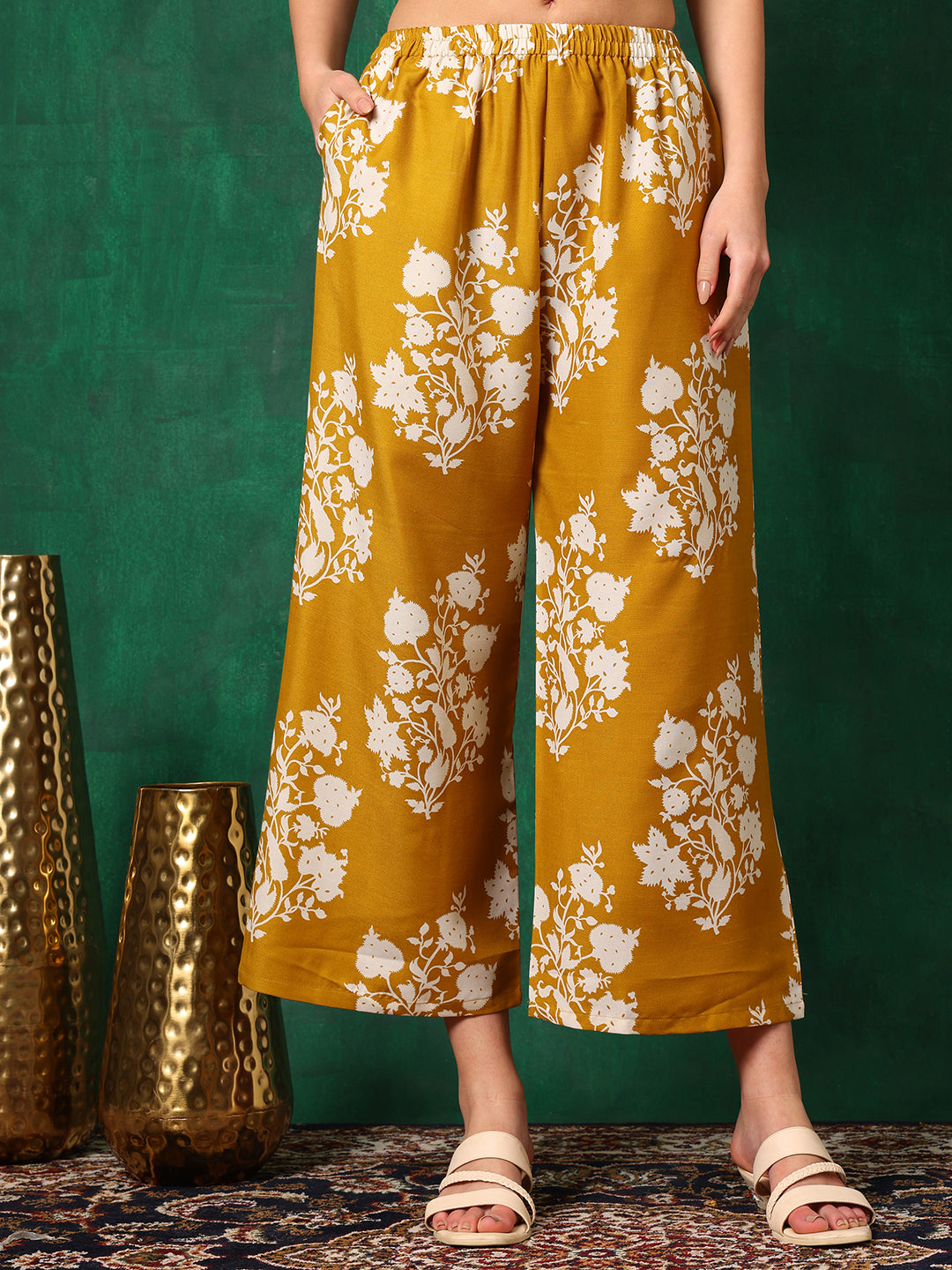 Mustard Embroidered & Printed Flared Kurta Set with Palazzo