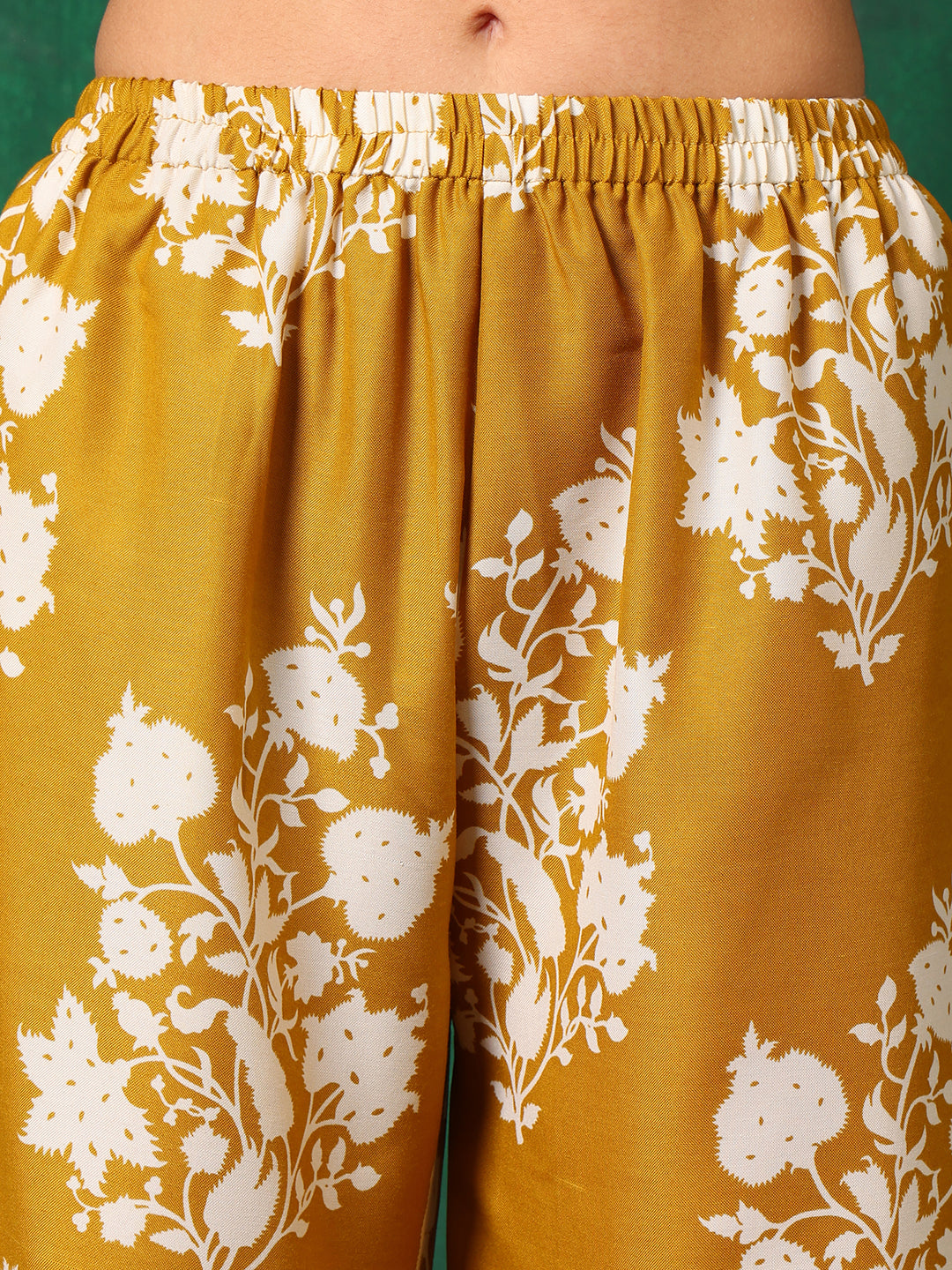 Mustard Embroidered & Printed Flared Kurta Set with Palazzo
