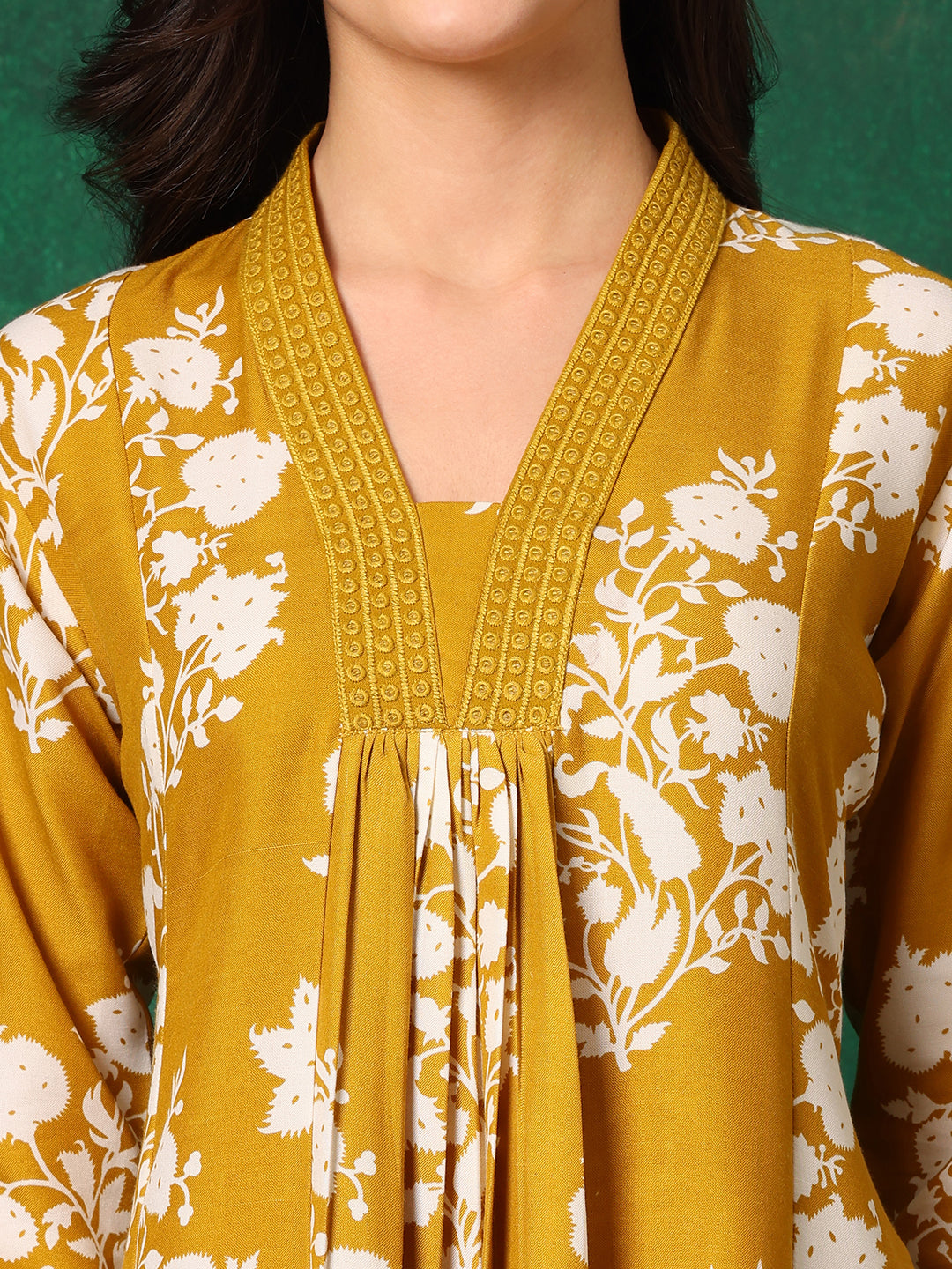 Mustard Embroidered & Printed Flared Kurta Set with Palazzo