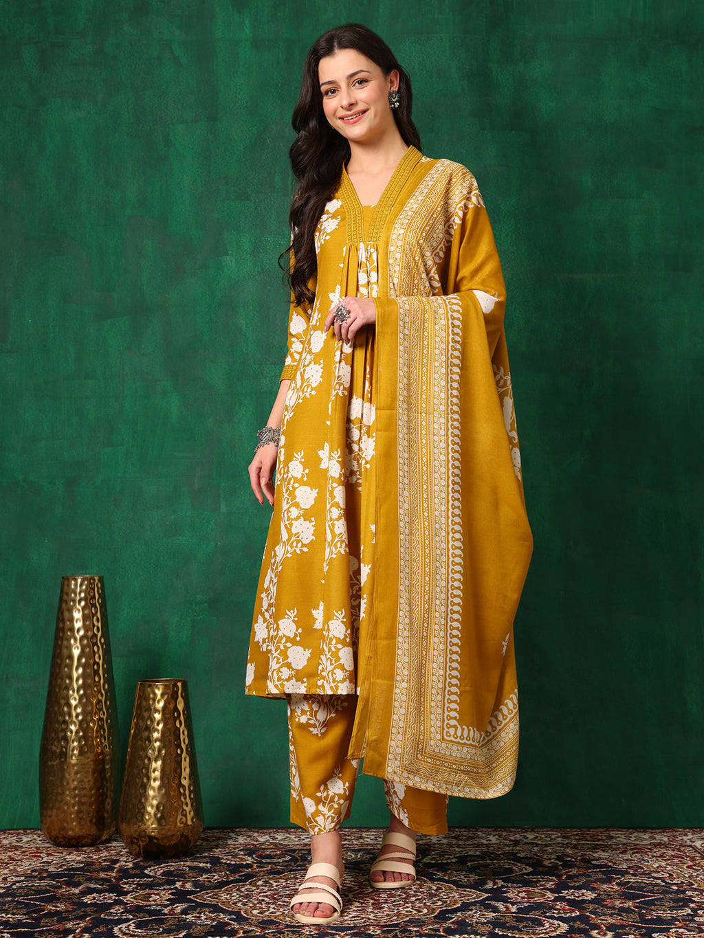 Mustard Embroidered & Printed Flared Kurta Set with Palazzo