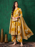 Mustard flared rayon kurta with palazzo and dupatta set featuring embroidery