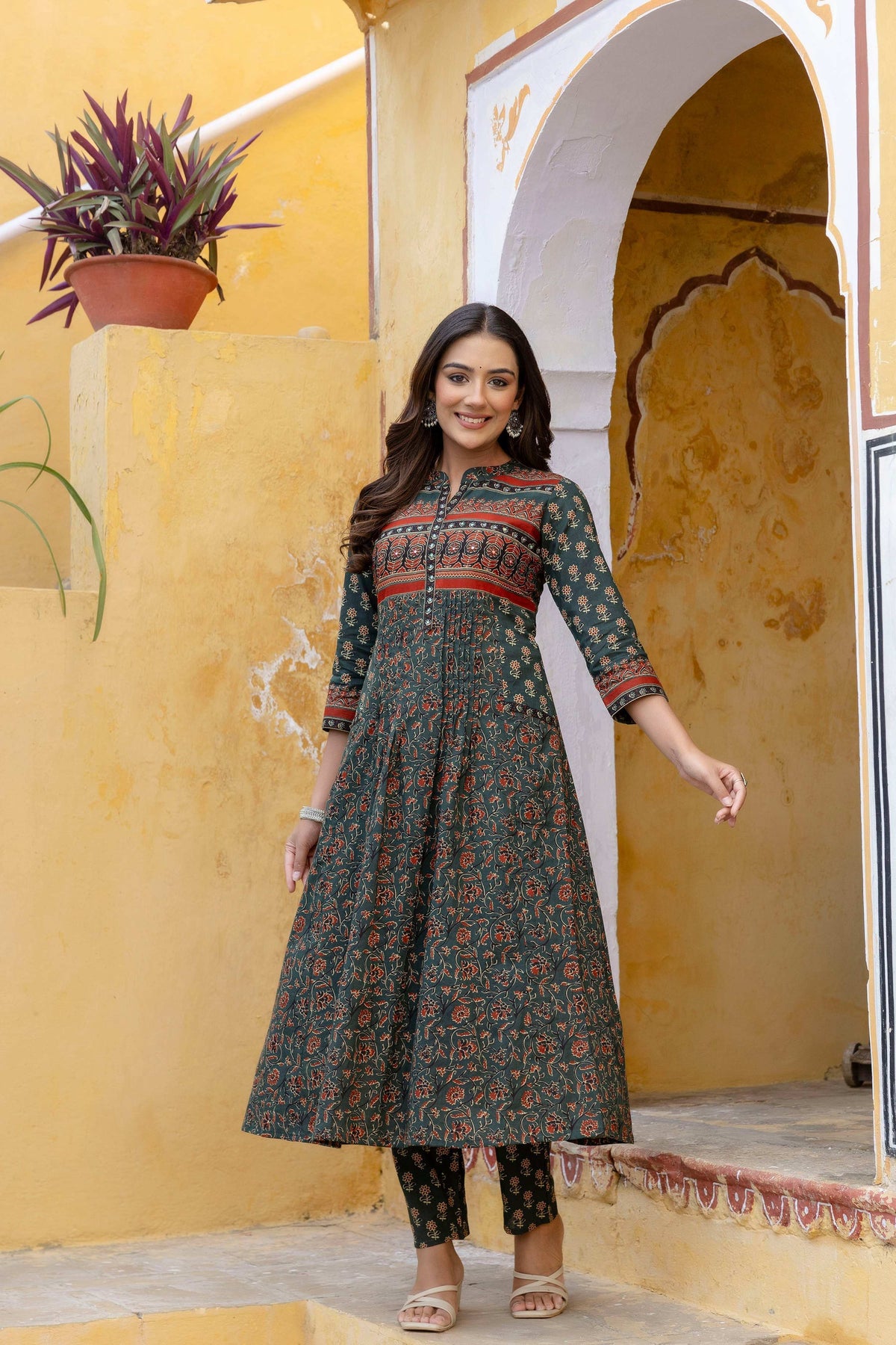 Bottle-Green A-Line Kurta Set with Pant and Coordinated Dupatta