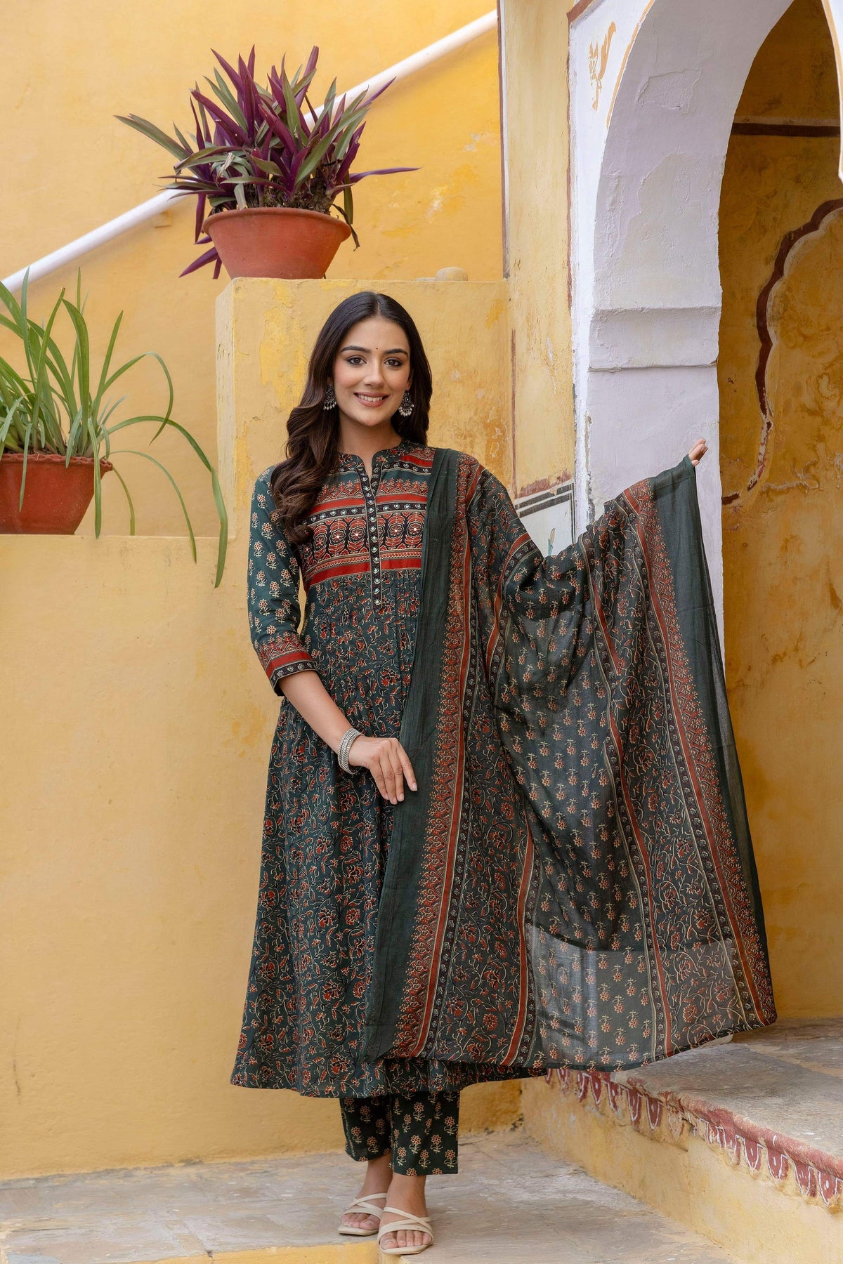 Bottle-Green A-Line Kurta Set with Pant and Coordinated Dupatta