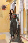 Bottle-Green ethnic printed A-line kurta set with matching pants and dupatta