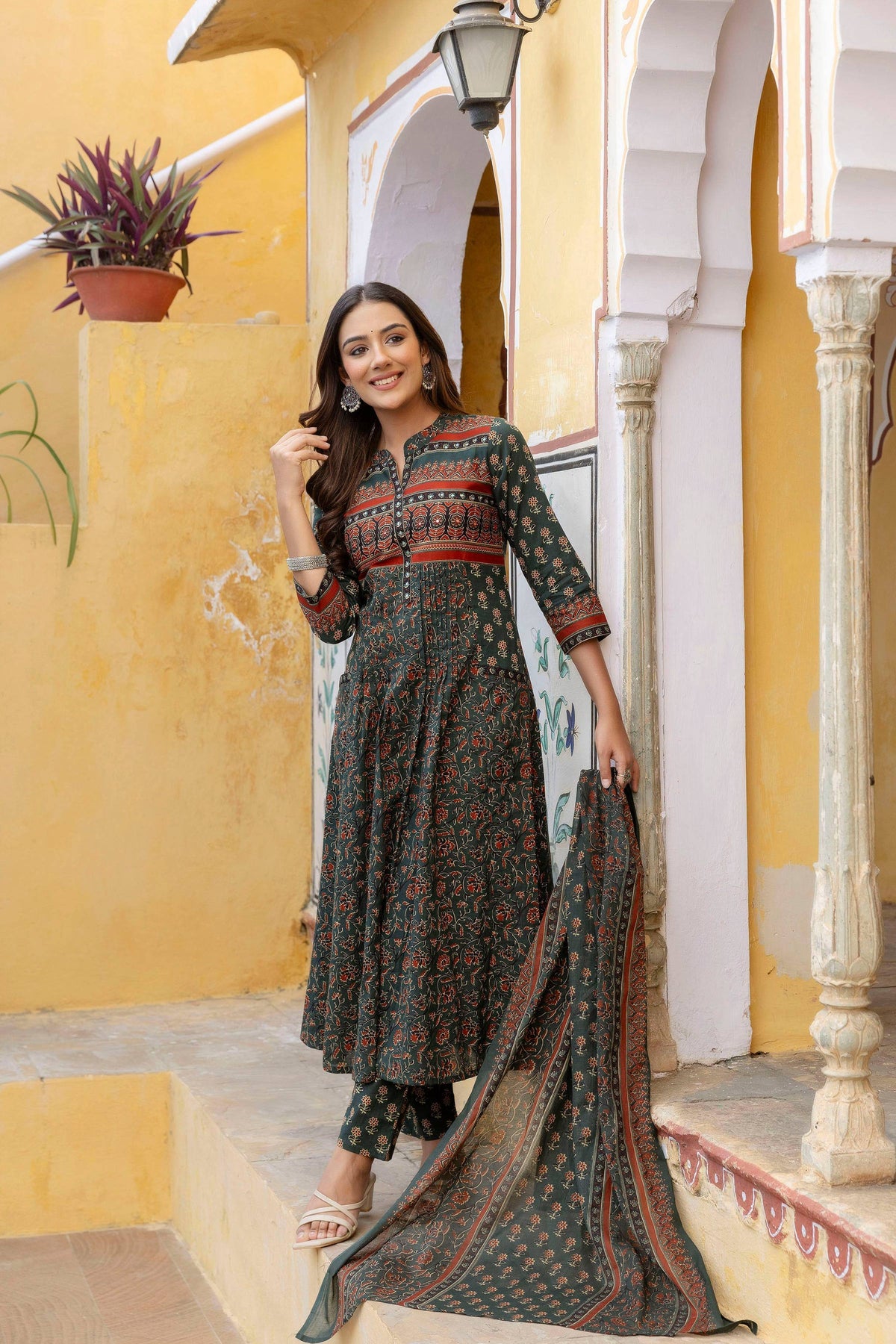 Bottle-Green ethnic printed A-line kurta set with matching pants and dupatta