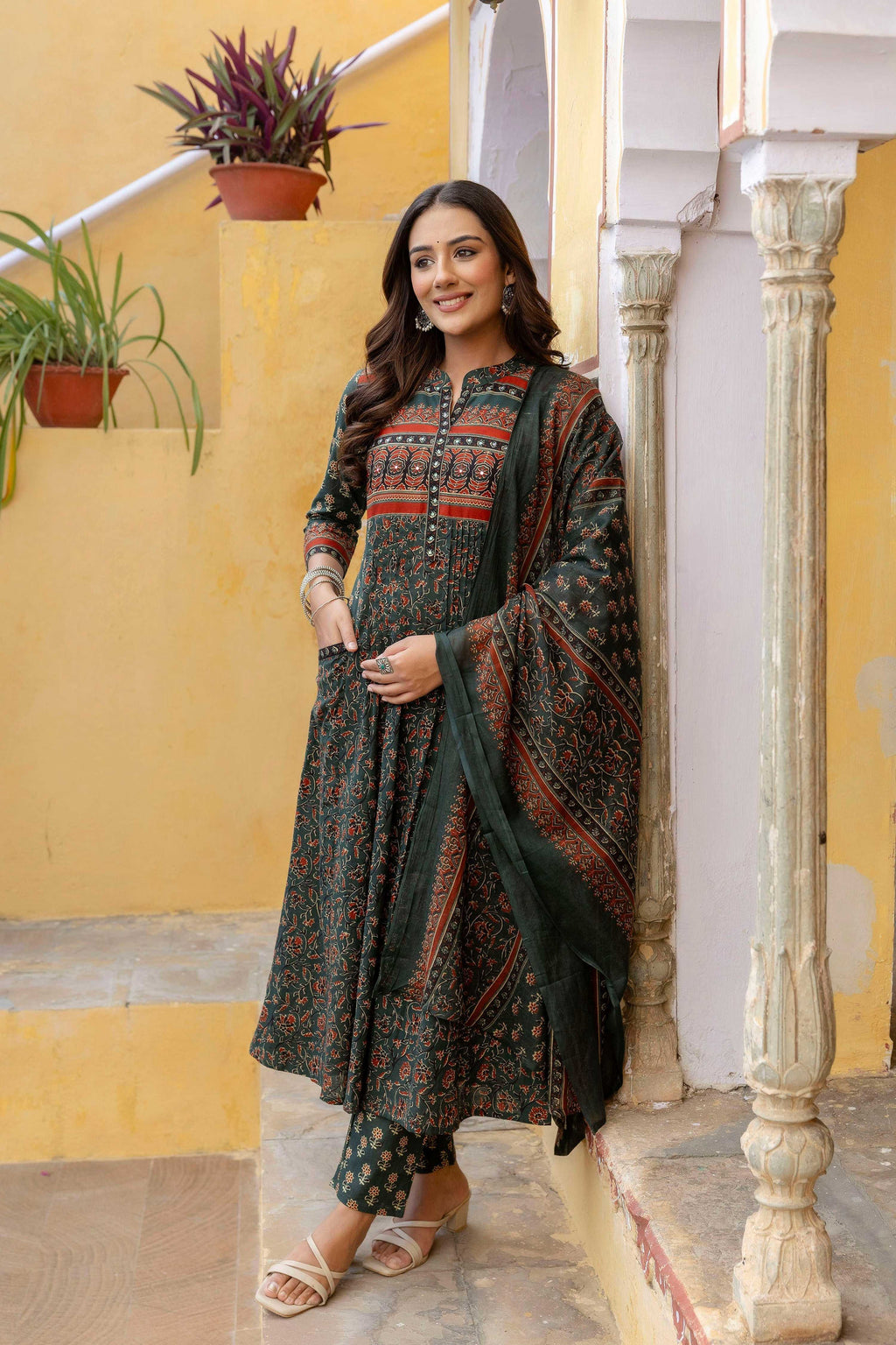 Bottle-Green A-Line Kurta Set with Pant and Coordinated Dupatta