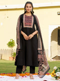 Black Anarkali kurta set with embroidered details and ethnic print pattern.