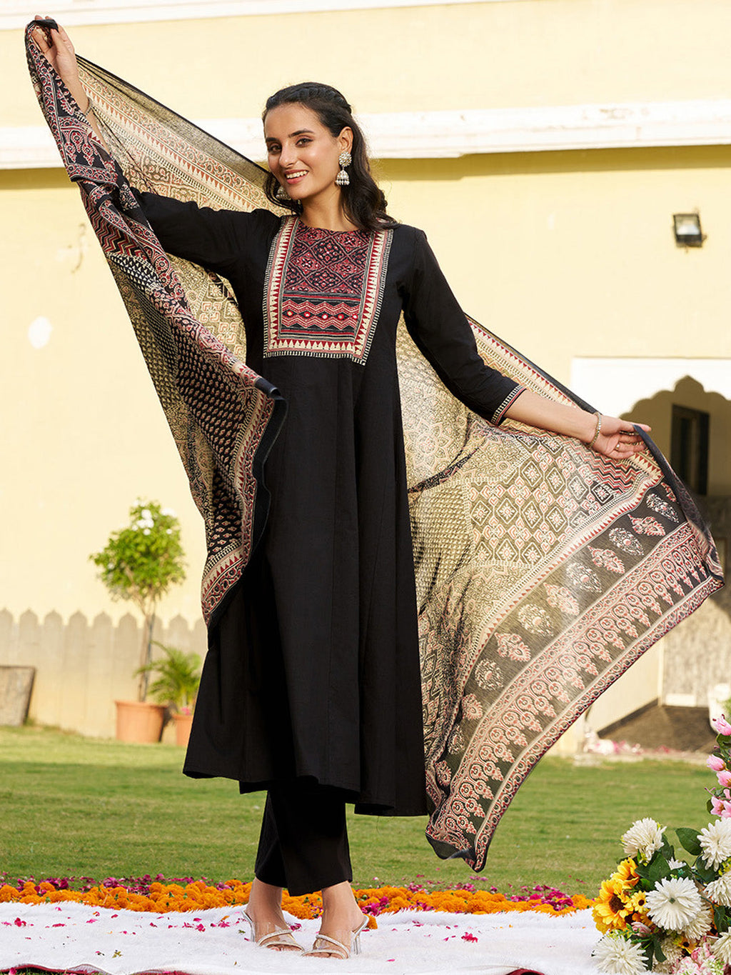 Black Embroidered Ethnic Printed Anarkali Kurta Set with Dupatta