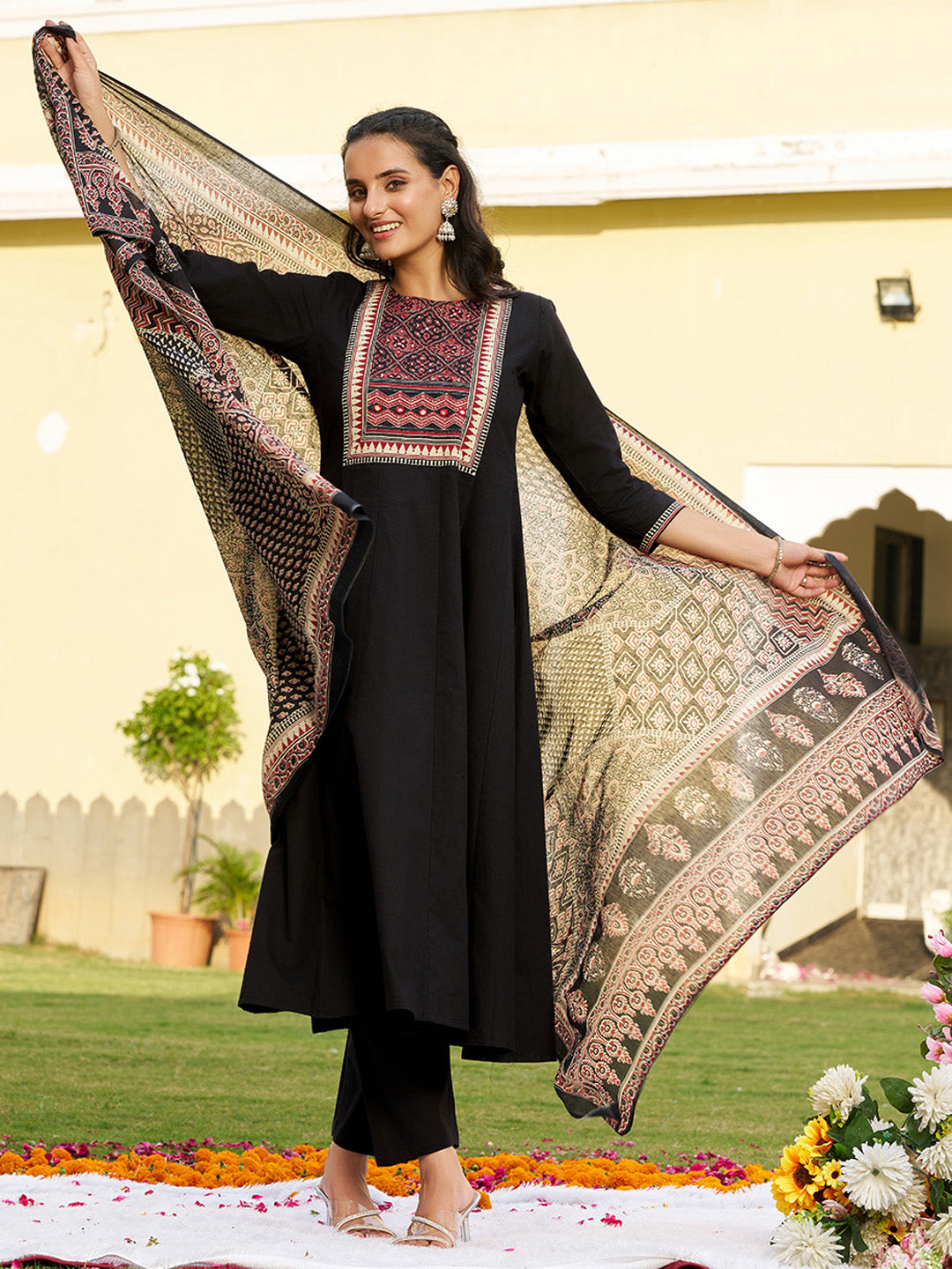 Black Embroidered Ethnic Printed Anarkali Kurta Set with Dupatta