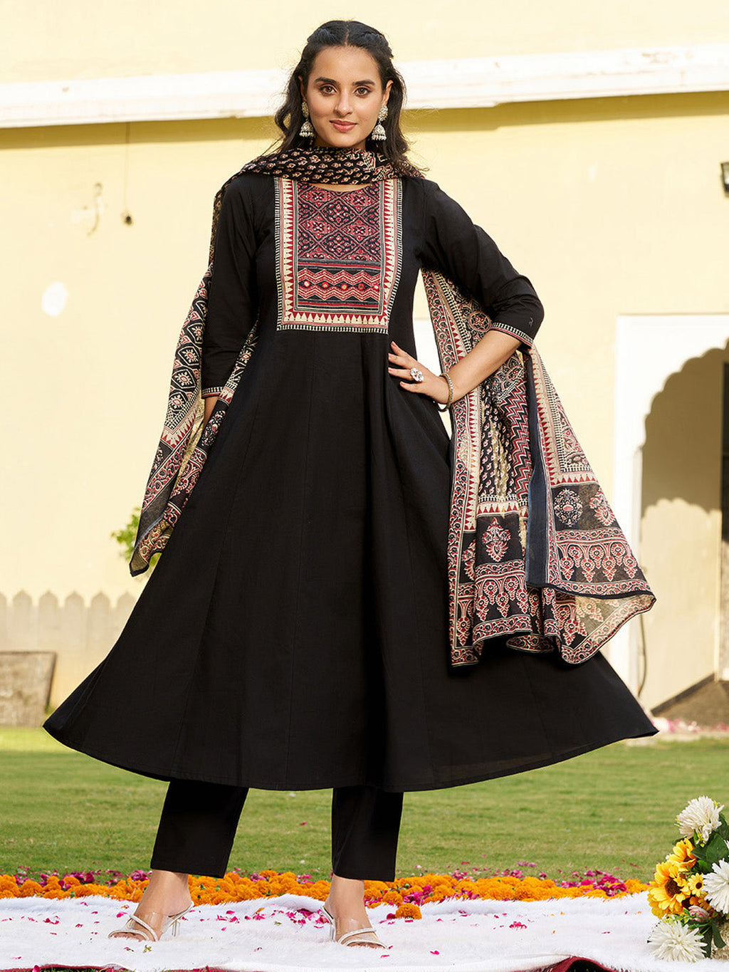 Black Embroidered Ethnic Printed Anarkali Kurta Set with Dupatta