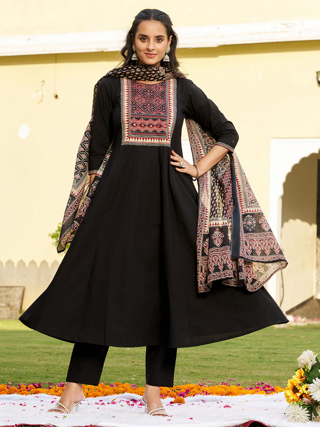 Black Embroidered Ethnic Printed Anarkali Kurta Set with Dupatta