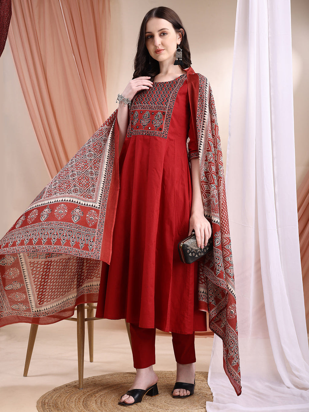 Maroon Embroidered Anarkali Kurta Set with Pant and Dupatta