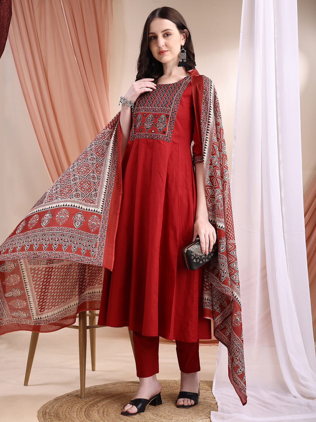 Maroon Embroidered Anarkali Kurta Set with Pant and Dupatta