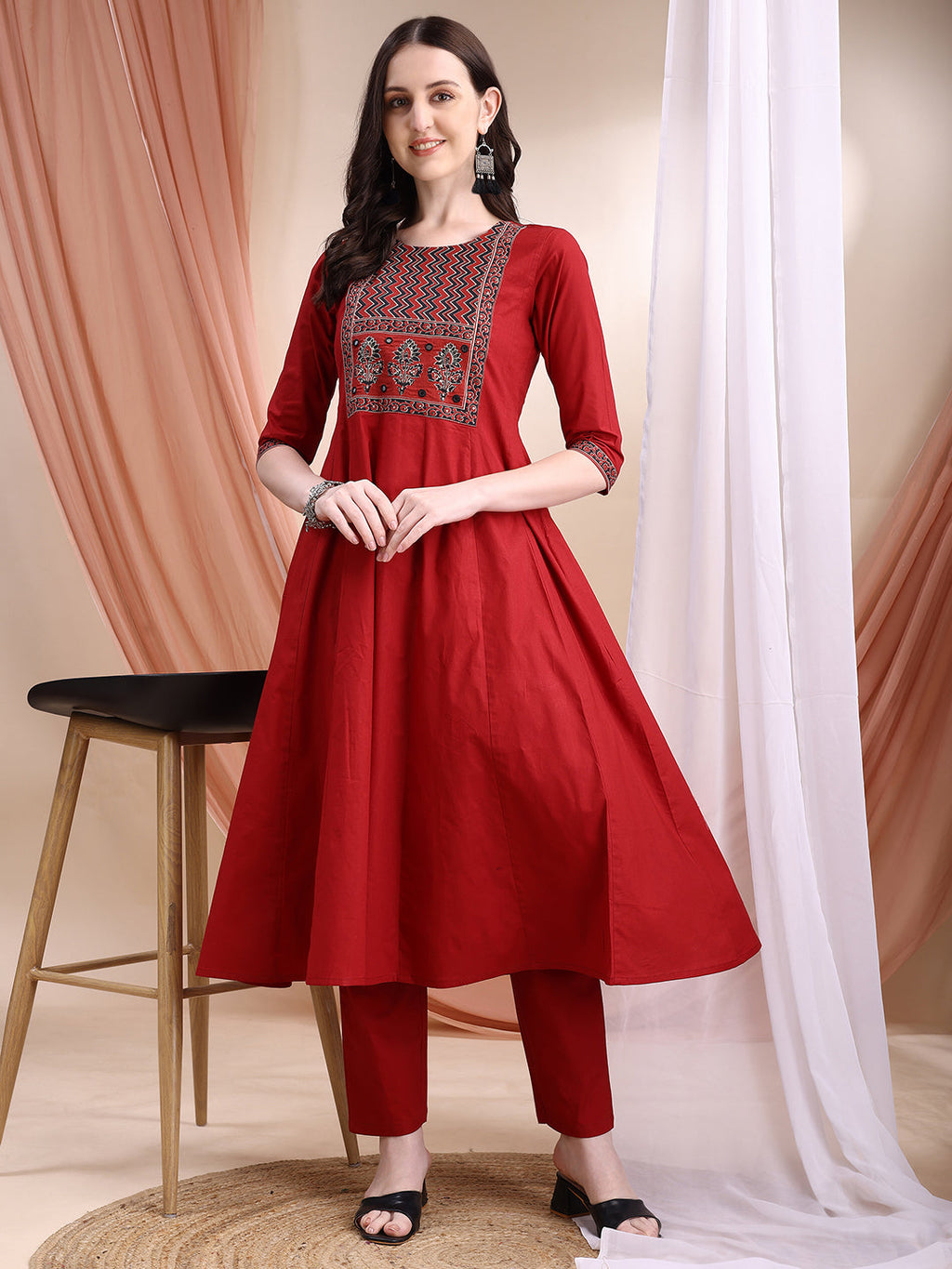 Maroon Embroidered Anarkali Kurta Set with Pant and Dupatta