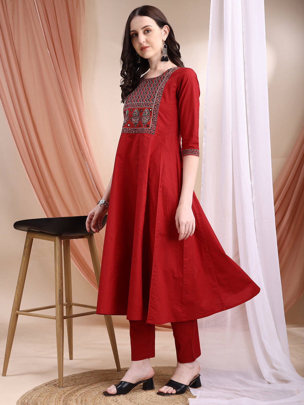 Maroon Embroidered Anarkali Kurta Set with Pant and Dupatta
