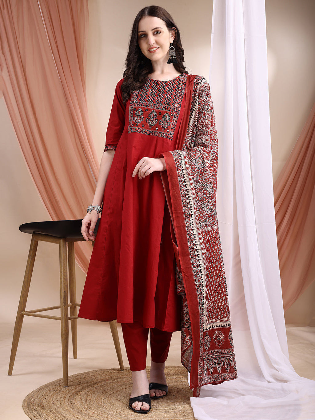 Maroon embroidered cotton Anarkali kurta set with matching pant and printed dupatta