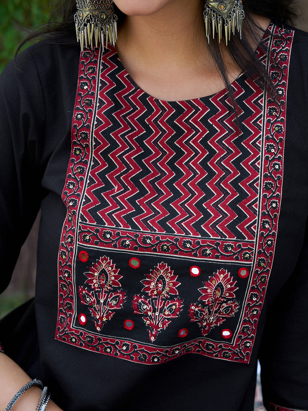 Black Embroidered and Ethnic Printed Kurta Set with Dupatta