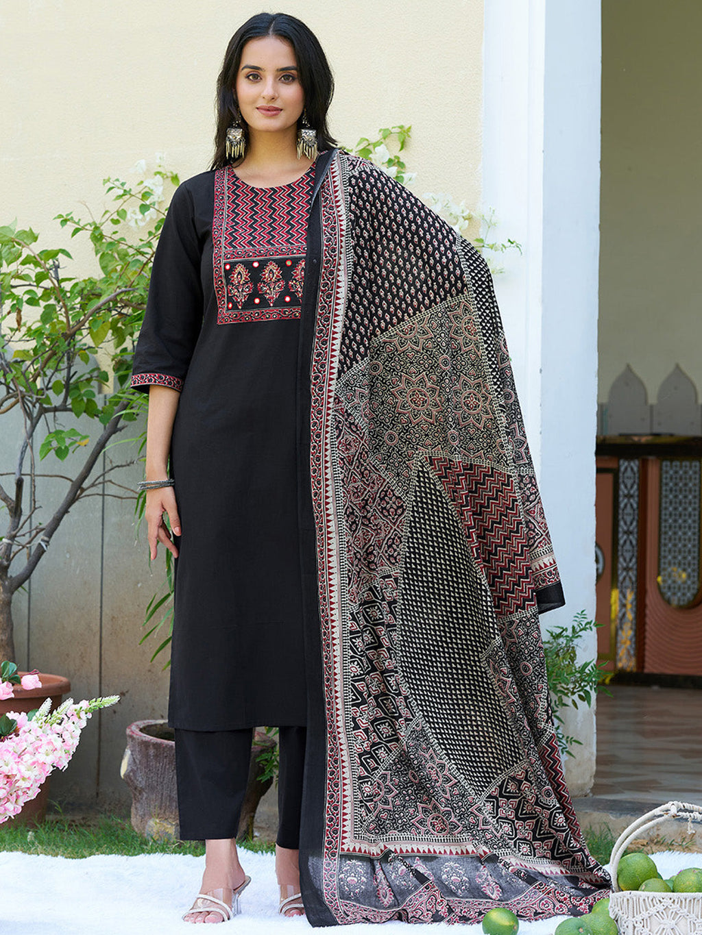 Black Embroidered and Ethnic Printed Kurta Set with Dupatta