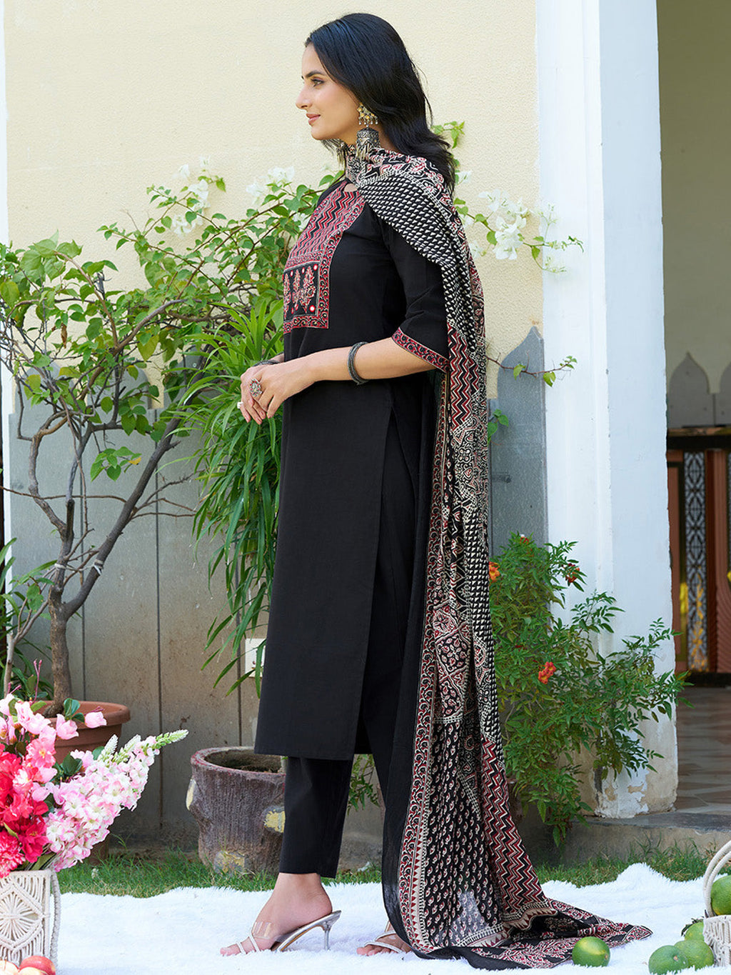 Black Embroidered and Ethnic Printed Kurta Set with Dupatta