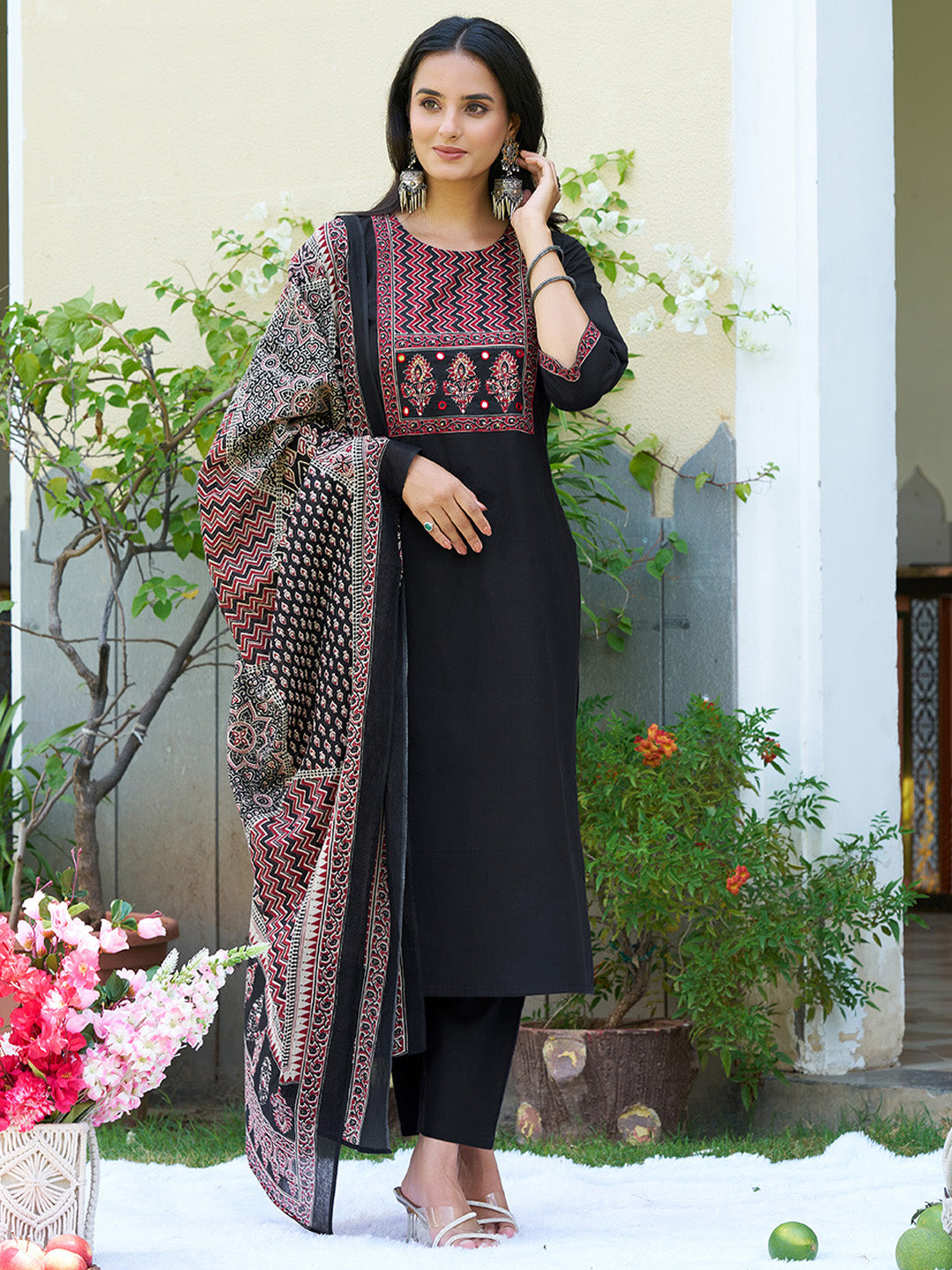 Black Embroidered and Ethnic Printed Kurta Set with Dupatta