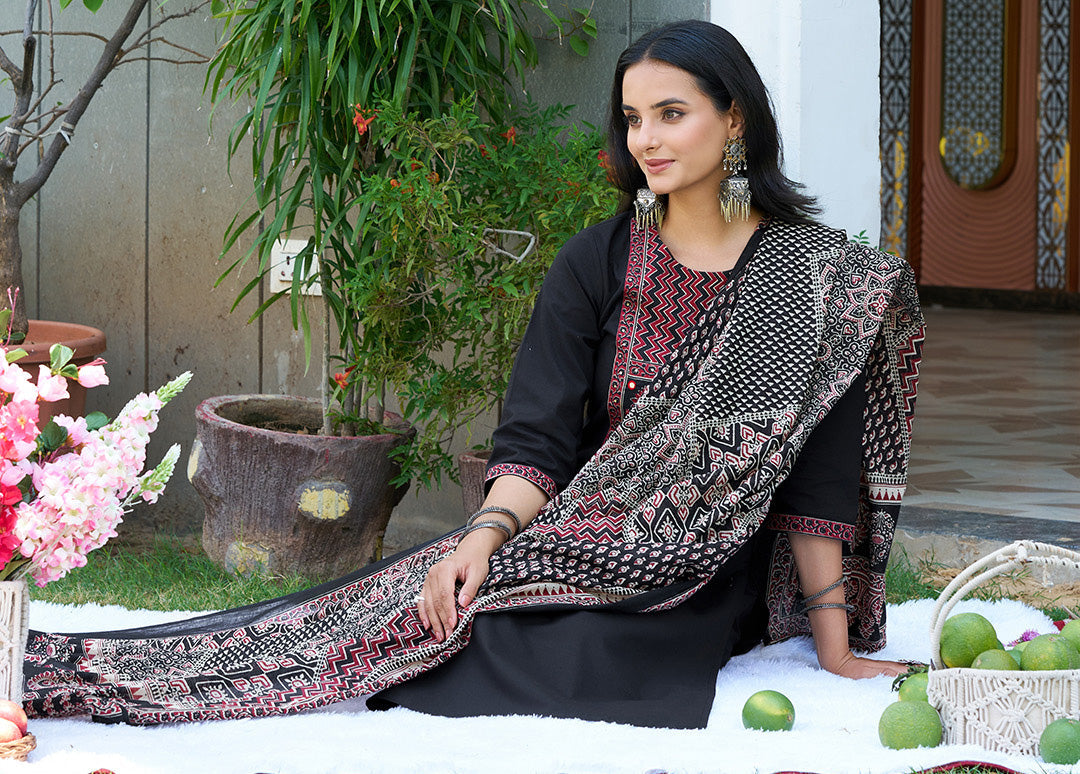 Black Embroidered and Ethnic Printed Kurta Set with Dupatta