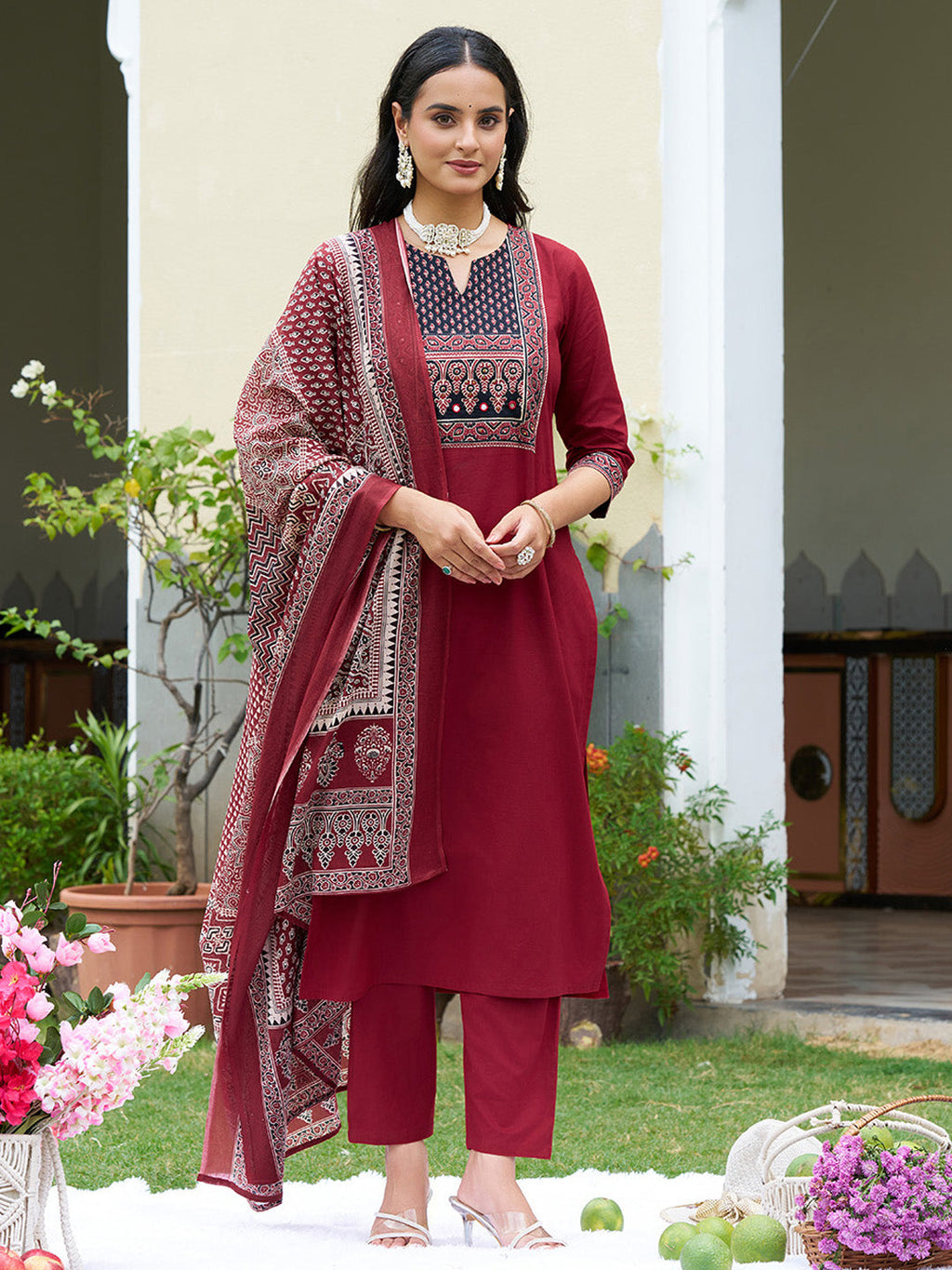 Maroon Embroidered Ethnic Kurta Set with Pant and Printed Dupatta