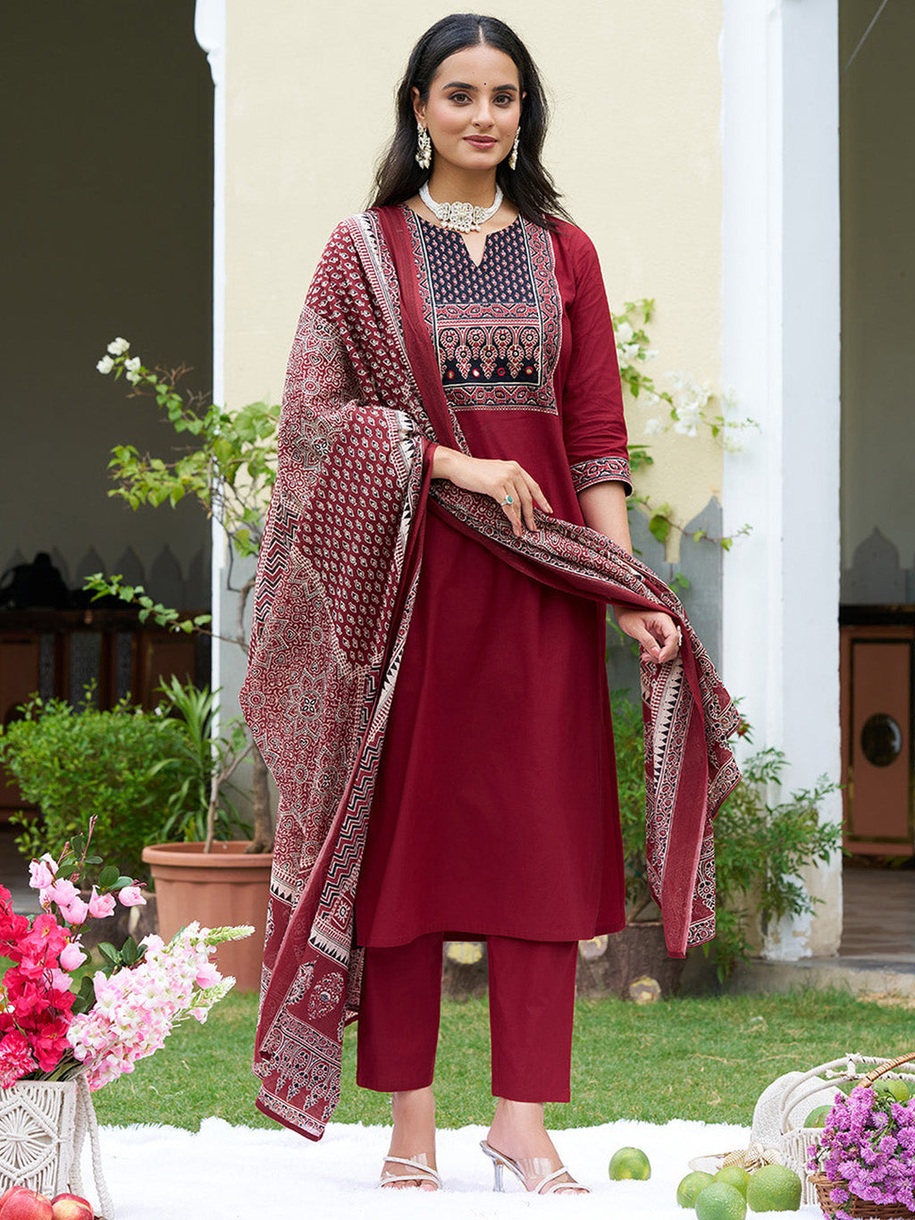 Maroon Embroidered Ethnic Kurta Set with Pant and Printed Dupatta