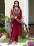 A maroon embroidered cotton kurta paired with matching pants and a printed dupatta, featuring a sweetheart neckline.