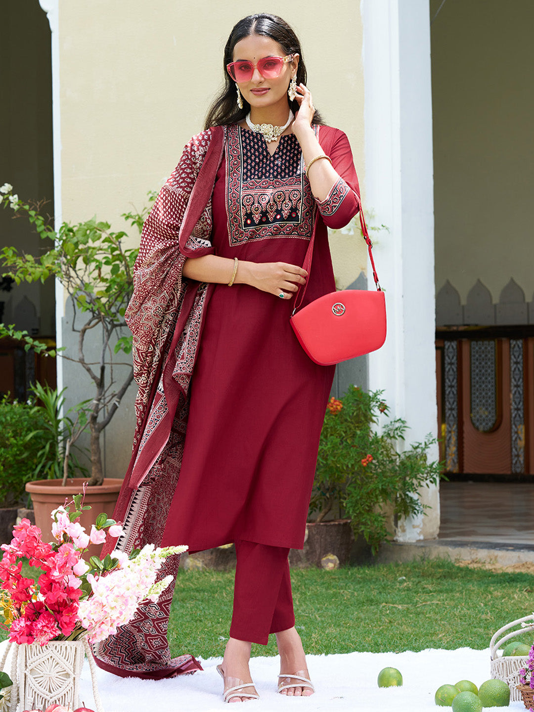 Maroon Embroidered Ethnic Kurta Set with Pant and Printed Dupatta