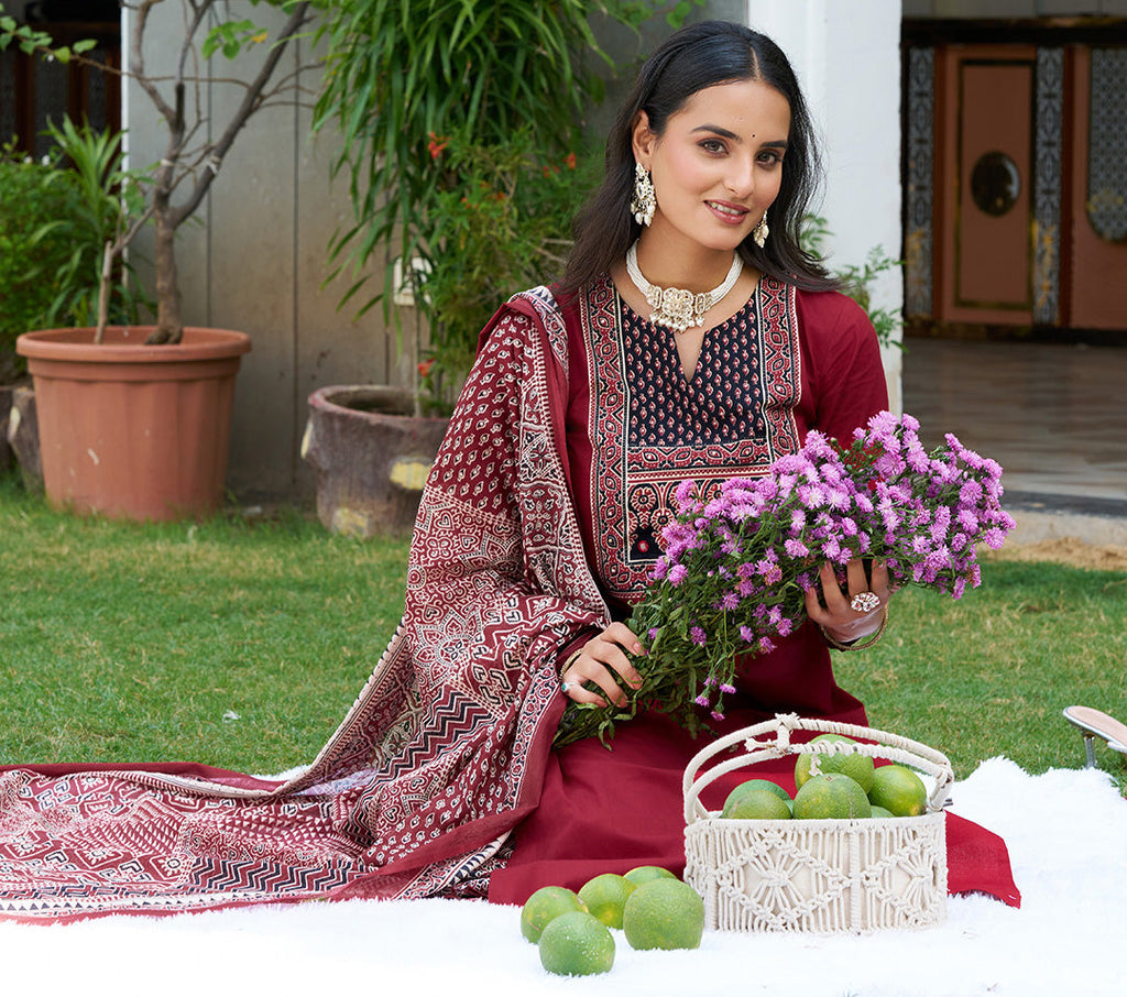 Maroon Embroidered Ethnic Kurta Set with Pant and Printed Dupatta