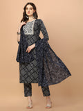 Multicolor Bandhani printed and embroidered kurta set with matching pants and dupatta.