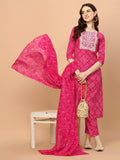 Multicolor Bandhani printed kurta with matching pant and dupatta set featuring embroidery details