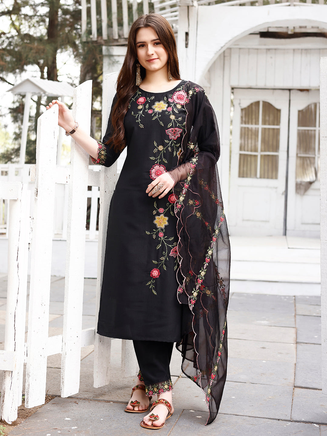 Multicolor floral embroidered rayon kurta with premium organza dupatta