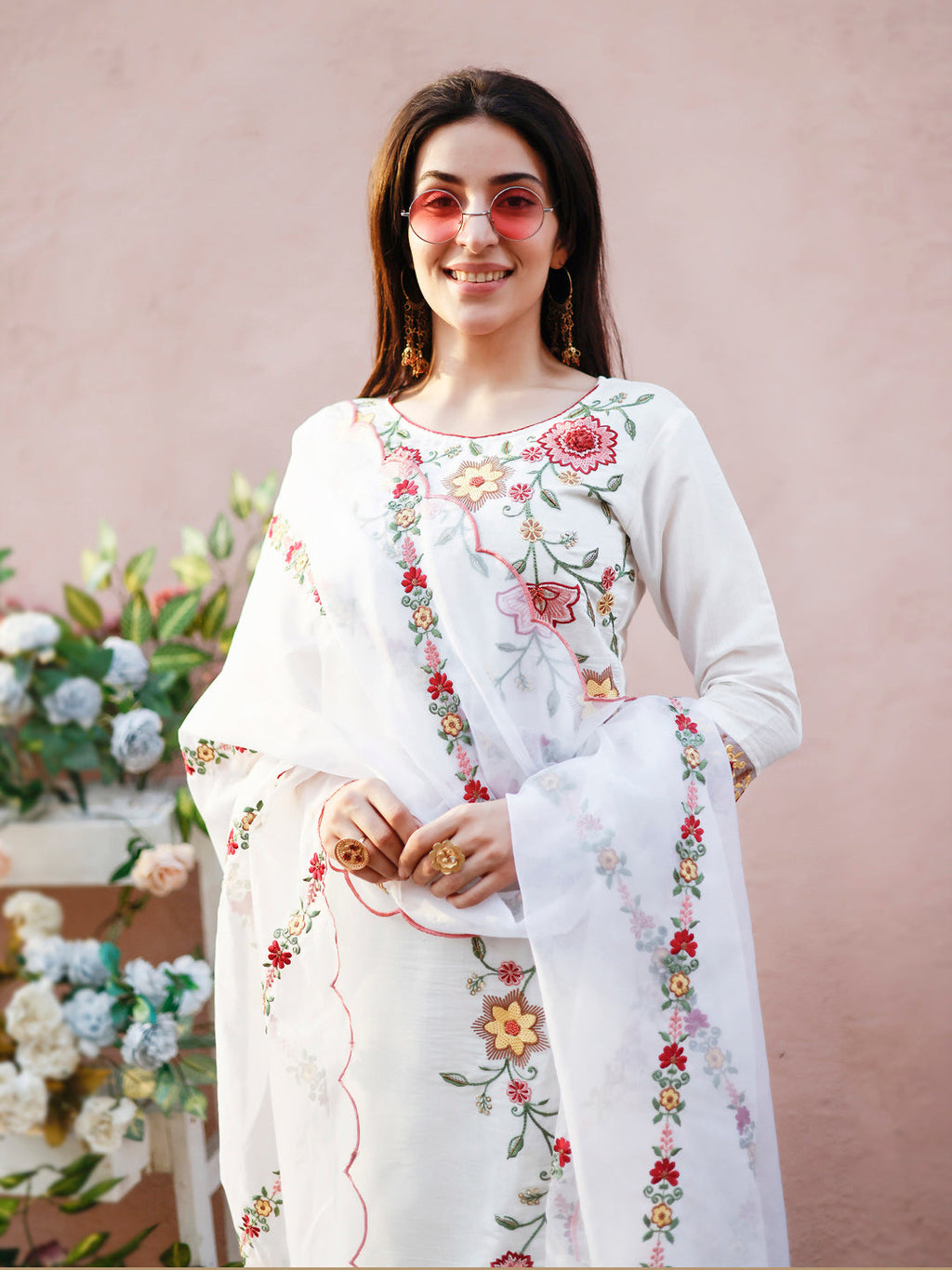 Multicolor Floral Embroidered Kurta Set with Organza Dupatta