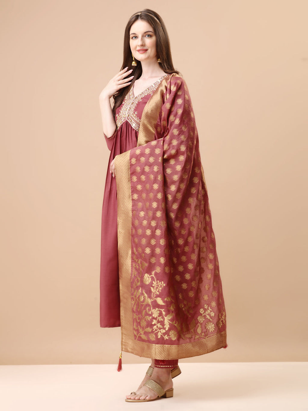 Alia Cut Sequined Embroidered Kurta Set with Banarasi Silk Dupatta