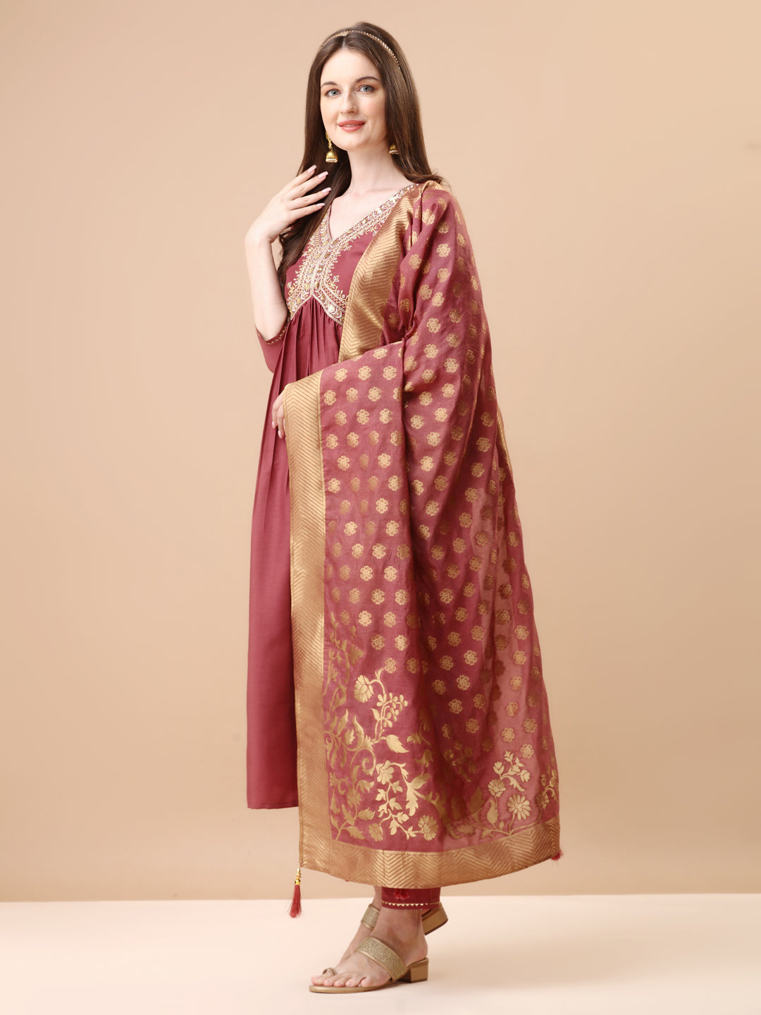 Alia Cut Sequined Embroidered Kurta Set with Banarasi Silk Dupatta