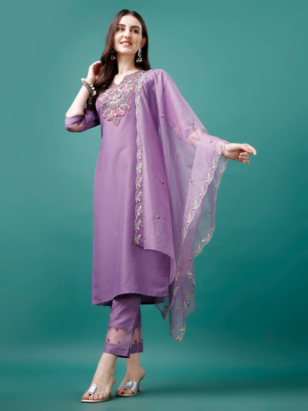 Multicolor Embroidered Kurta Set with Premium Organza Dupatta