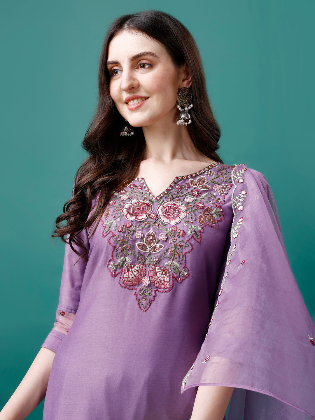 Multicolor Embroidered Kurta Set with Premium Organza Dupatta