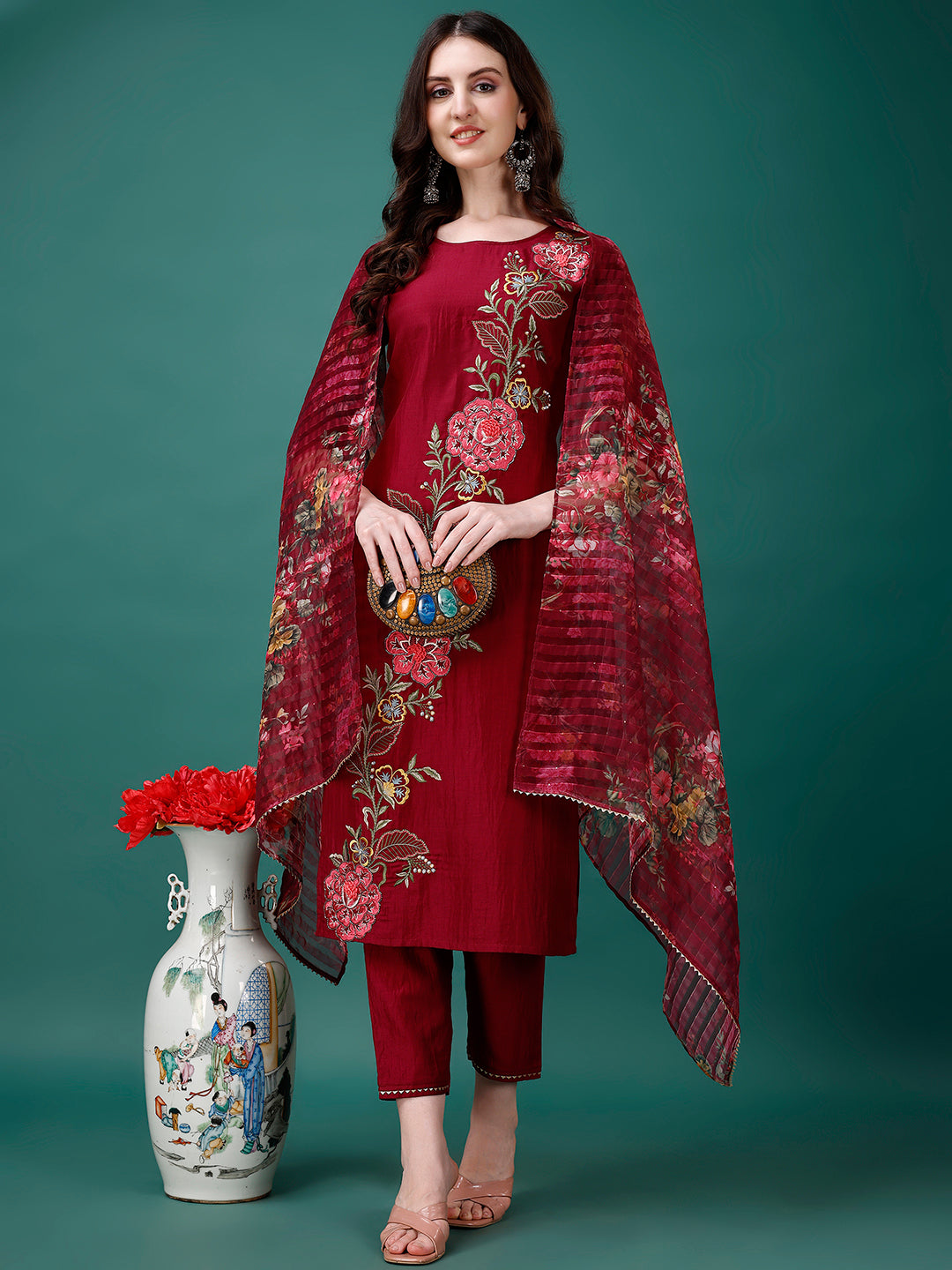 Multicolor rayon hand embroidered kurta with printed organza dupatta