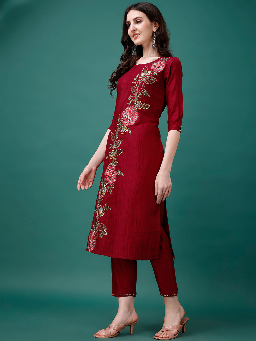 Multicolor Hand Embroidered Kurta Set with Organza Dupatta