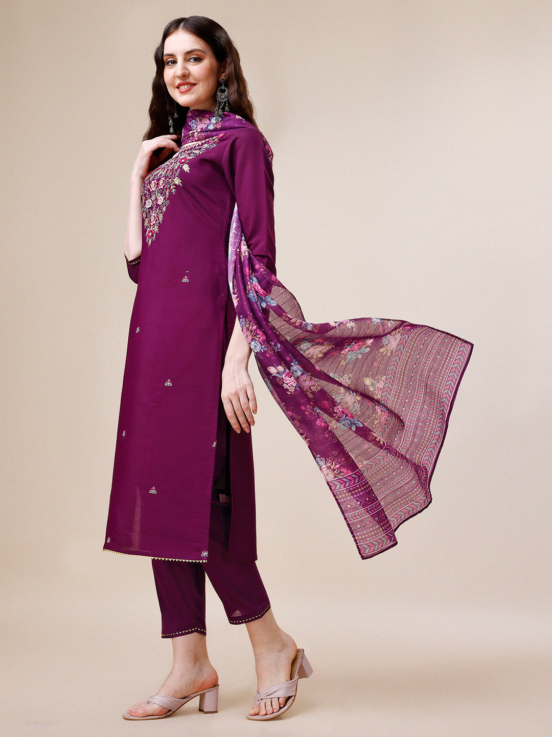 Purple Hand Embroidered Kurta with Pant and Printed Dupatta Set