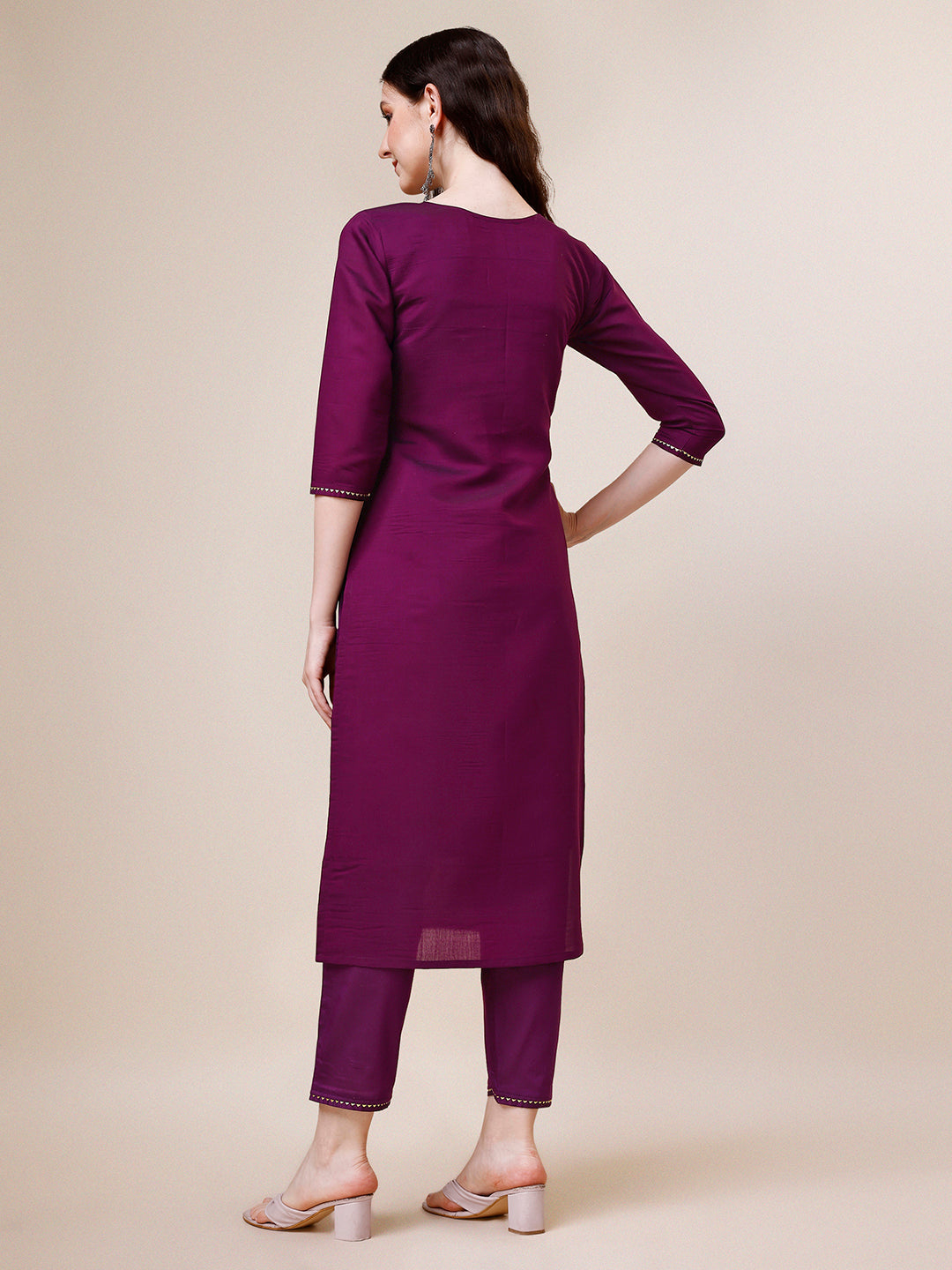 Purple Hand Embroidered Kurta with Pant and Printed Dupatta Set