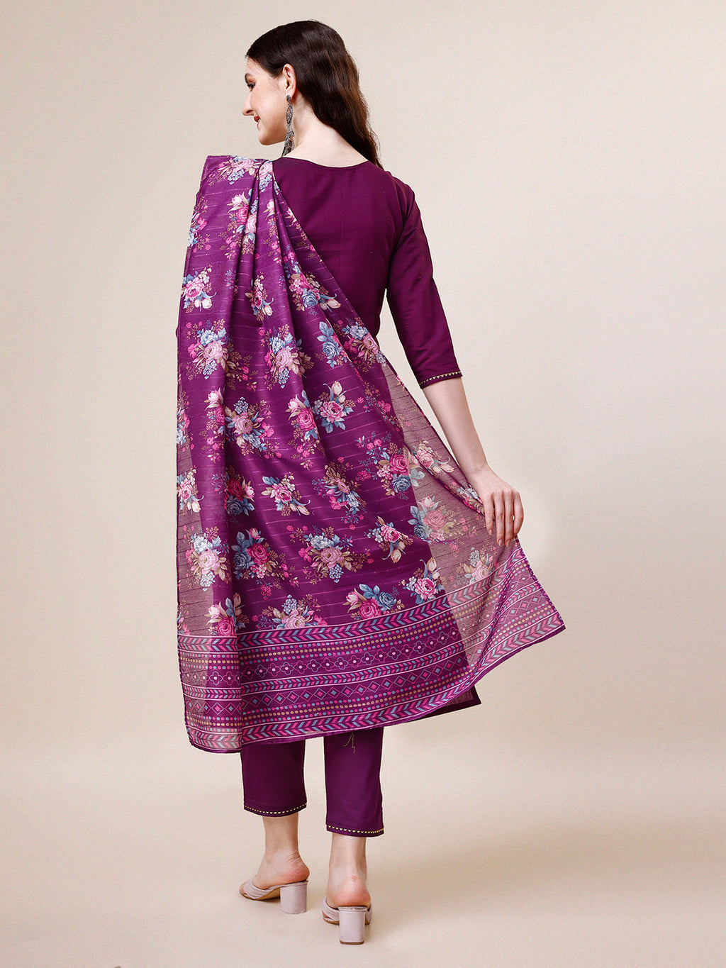 Purple Hand Embroidered Kurta with Pant and Printed Dupatta Set