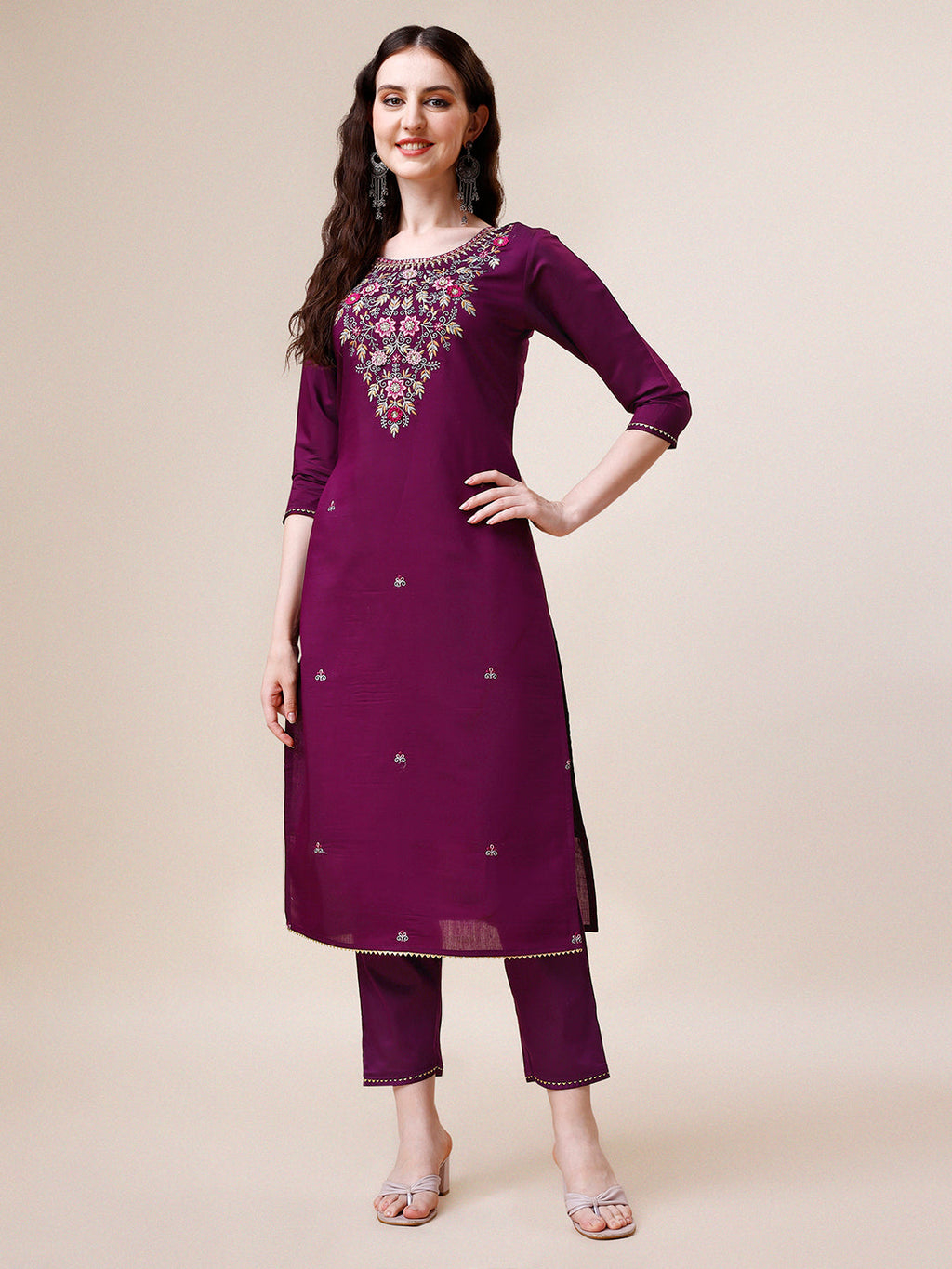 Purple Hand Embroidered Kurta with Pant and Printed Dupatta Set