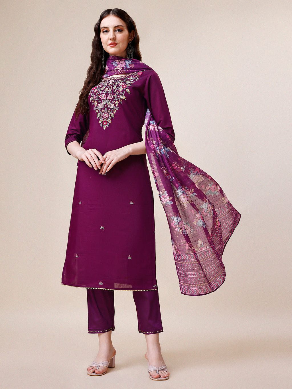 Purple hand embroidered kurta set with matching pant and printed dupatta