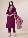 Purple hand embroidered kurta set with matching pant and printed dupatta