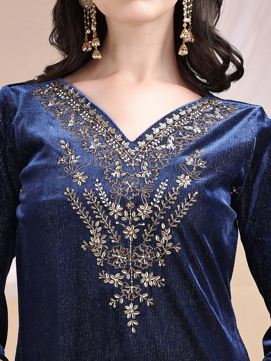 Navy Blue Hand Embroidered Velvet Kurta Set with Dupatta