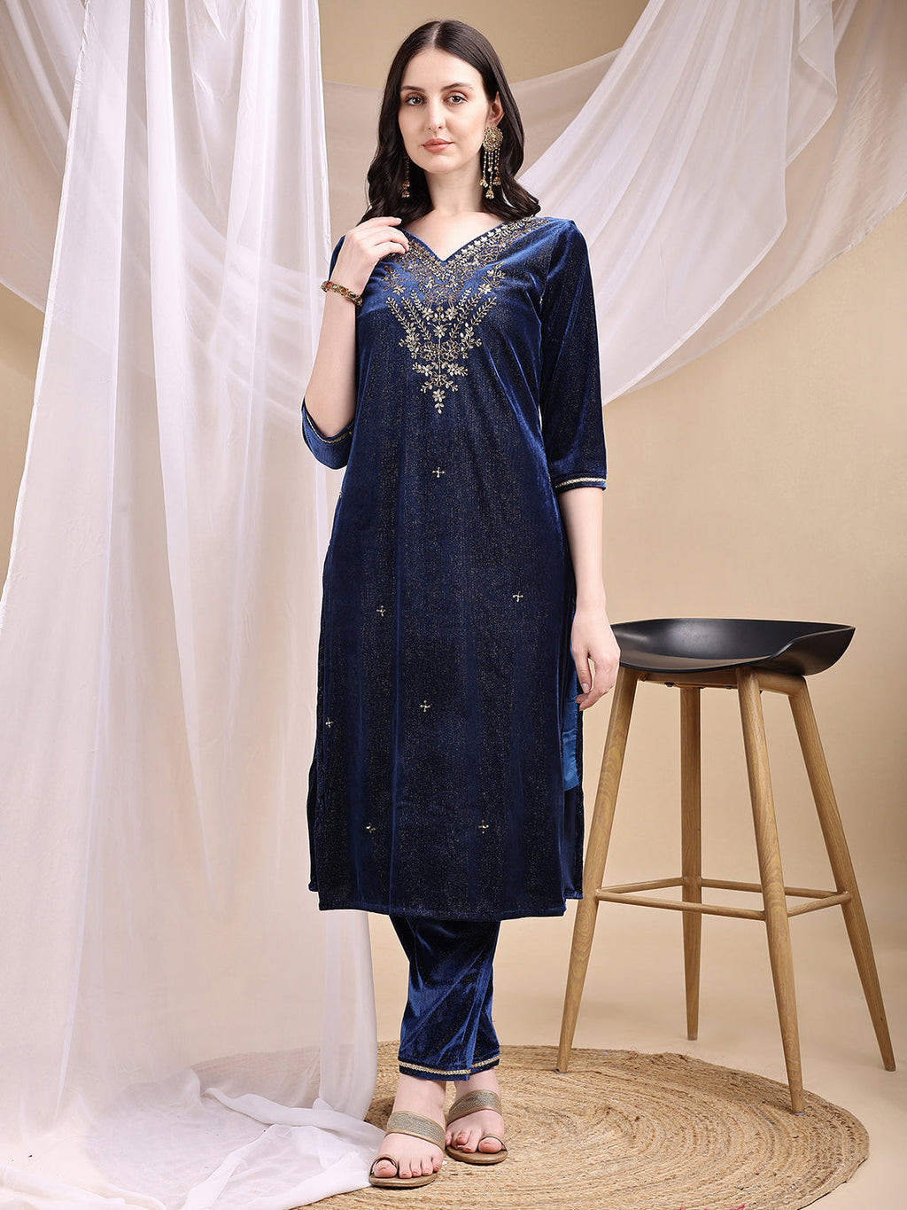 Navy Blue Hand Embroidered Velvet Kurta Set with Dupatta